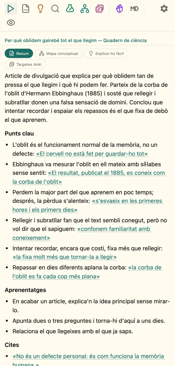 Resum d'un article a la barra lateral: paràgraf inicial, punts clau acabats amb cites enllaçades, aprenentatges i cites, amb pestanyes per als altres resums de la pàgina